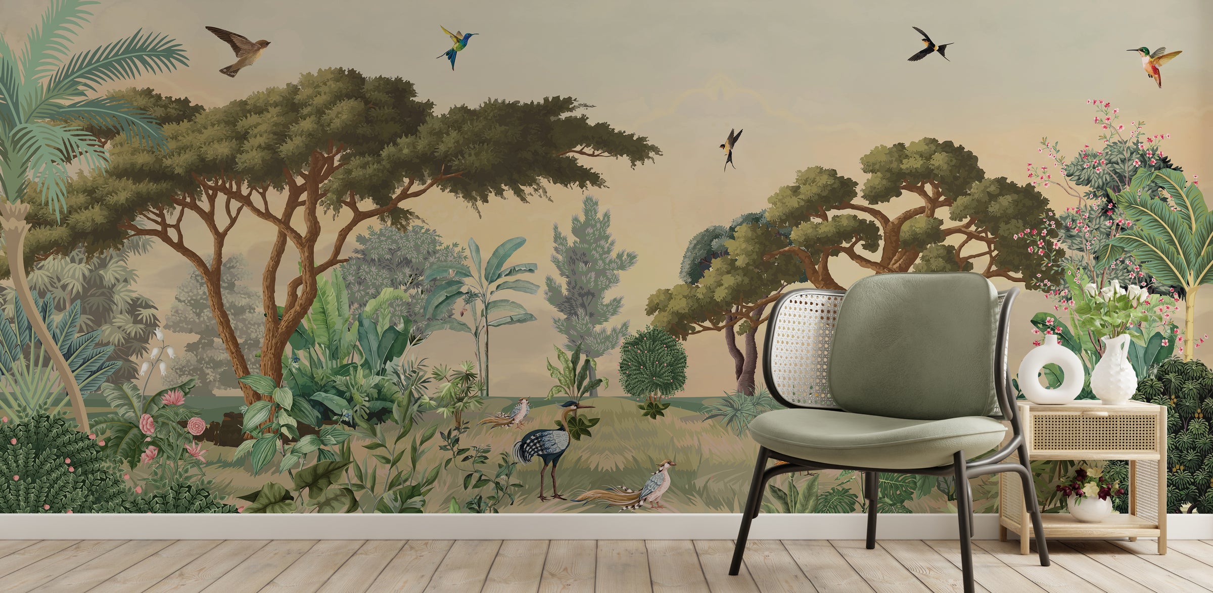 Luxury Tropical Wildlife Forest wall covering in rich jungle hues for sophisticated office