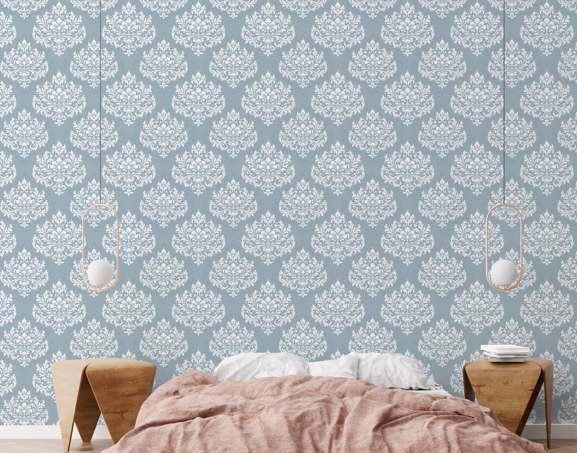 Elegant pale blue patterned wall surface welcoming visitors with charming traditional decorative atmosphere.