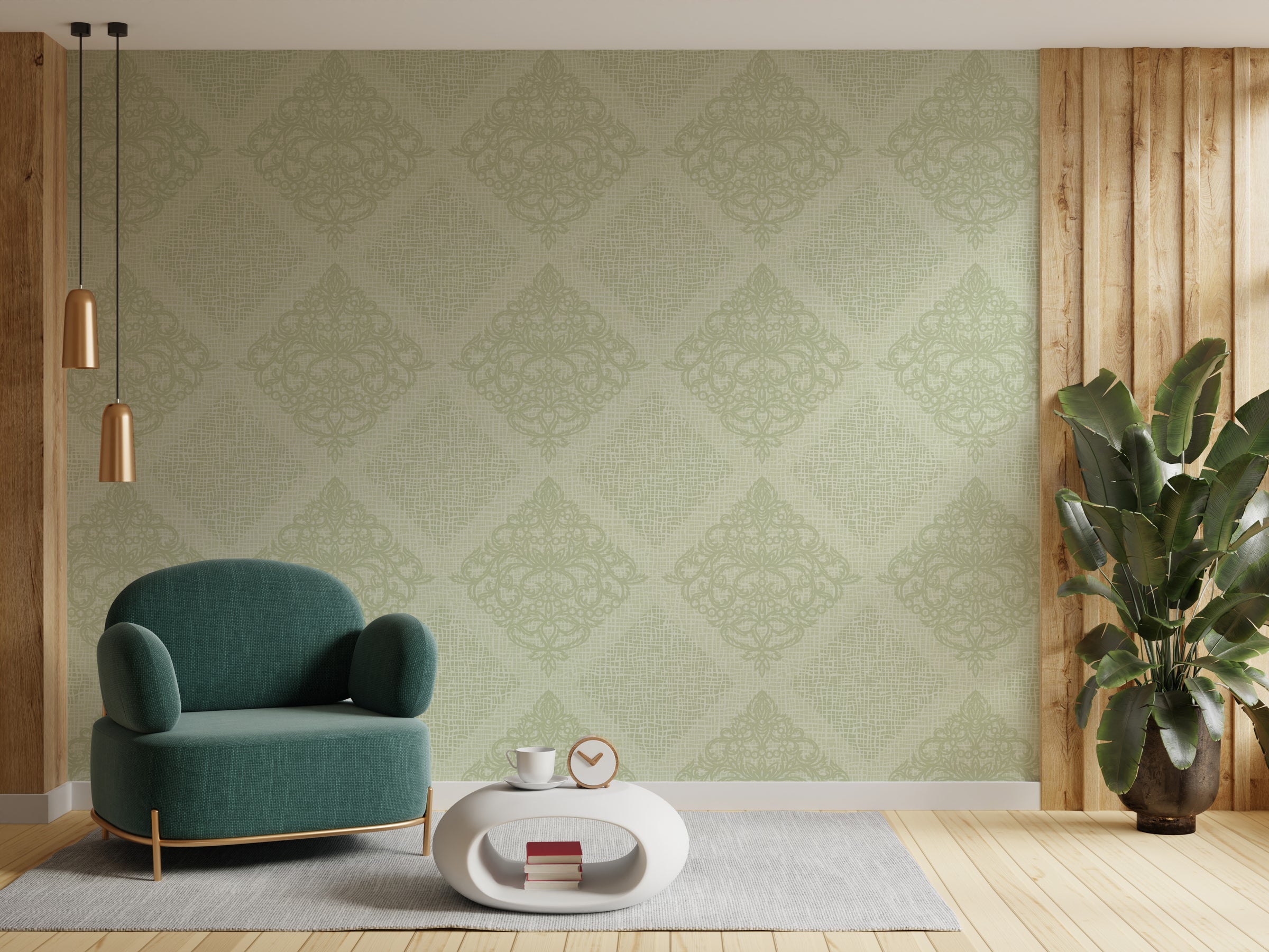 Sage green damask peel and stick wallpaper with vintage pattern for living room decor