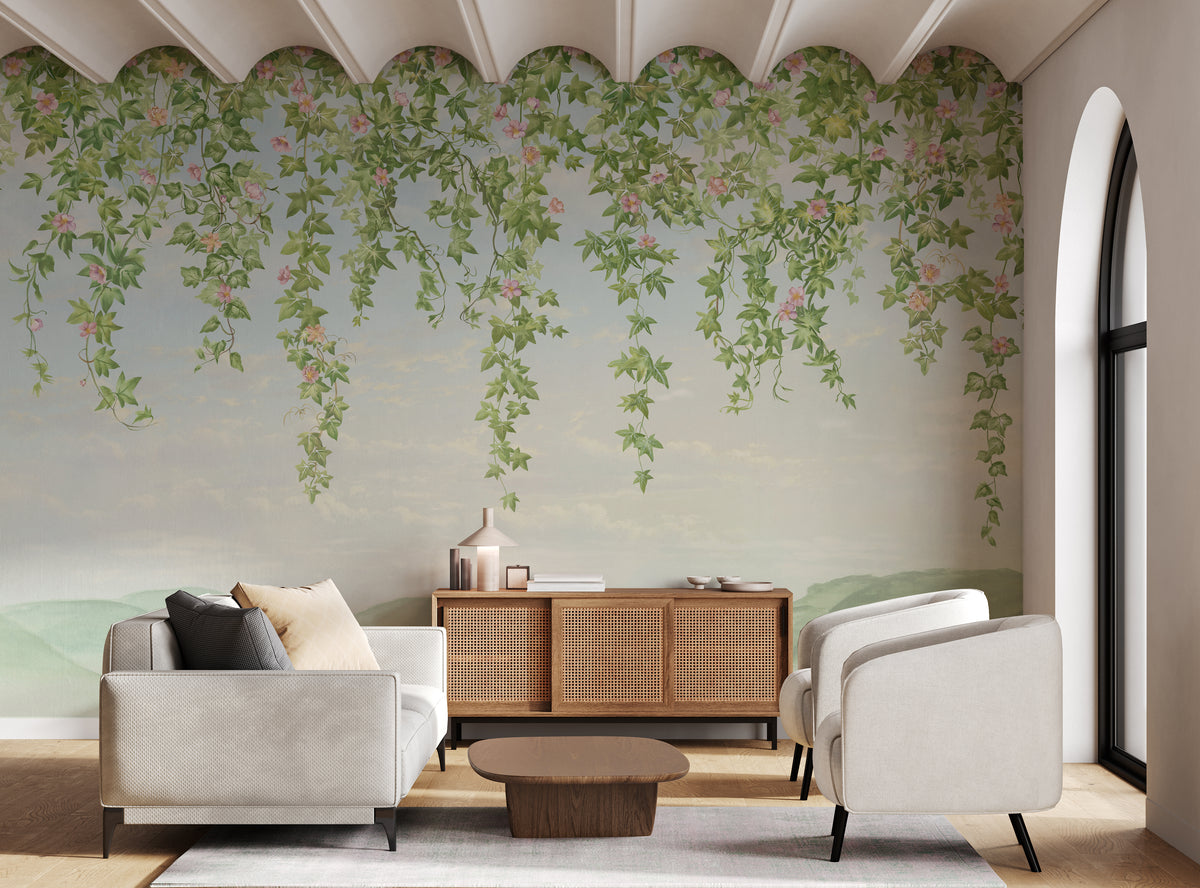 Watercolor Ivy Hanging Wallpaper | Soft Green Bedroom Peel and Stick Decor