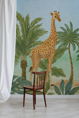 Animal wall mural with giraffe and birds, green jungle tones for kids room decor