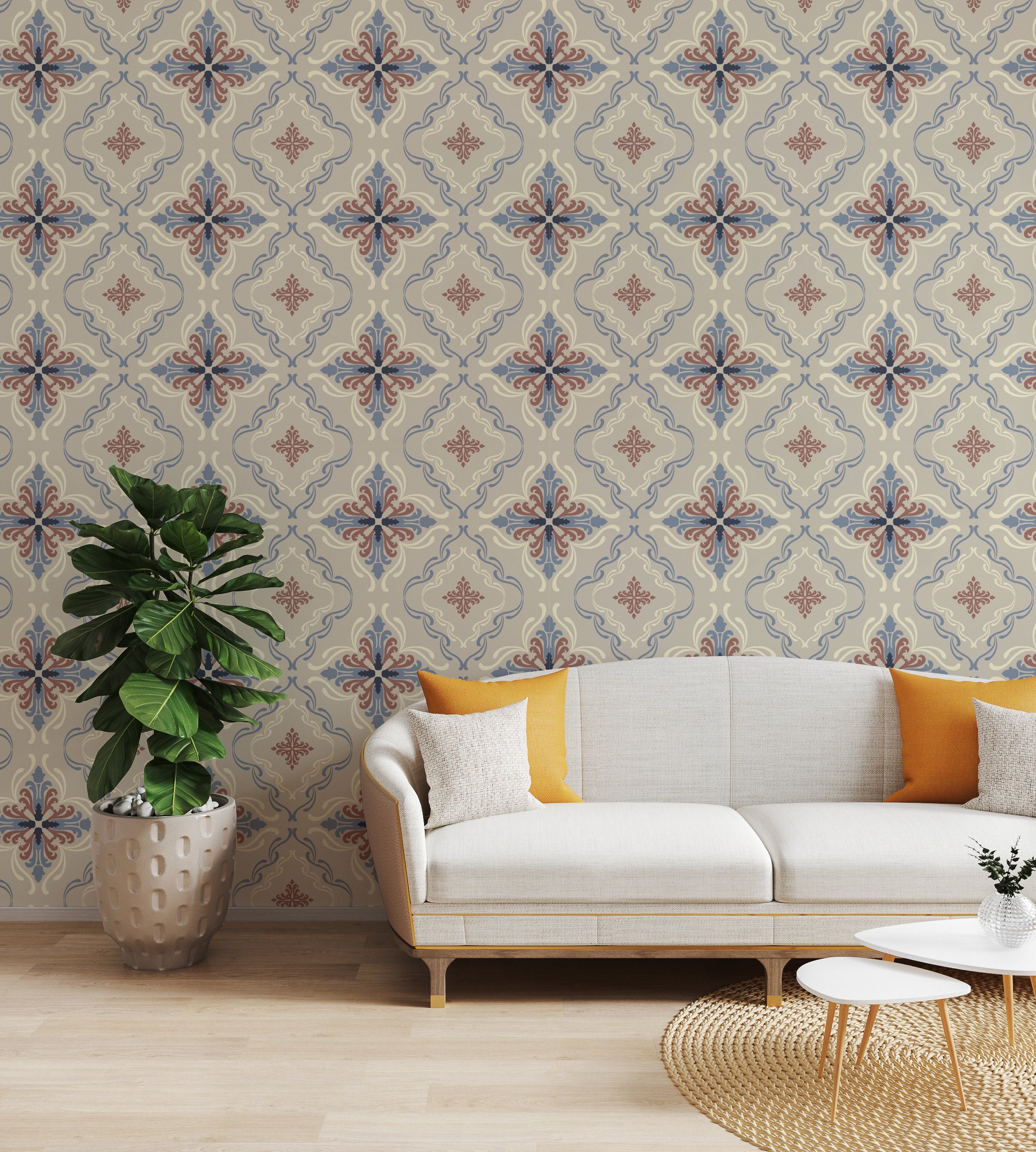 Stylish bedroom accent wall wallpaper showcasing vintage beige blue ornamental damask, cozy interior design