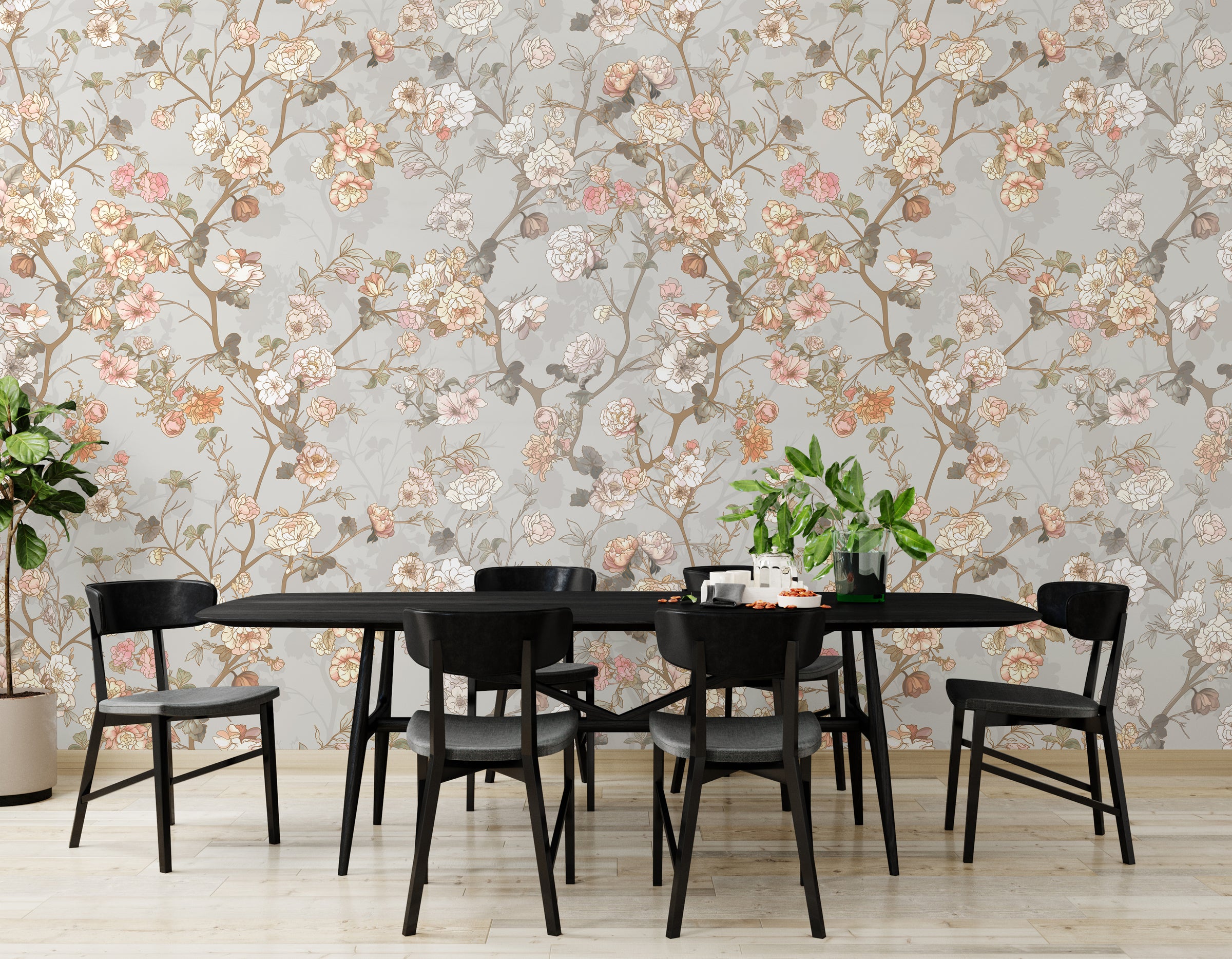 Elegant vintage botanical mural in pastel shades, modern dining room statement decor