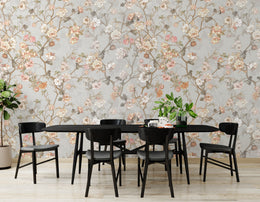 Elegant vintage botanical mural in pastel shades, modern dining room statement decor