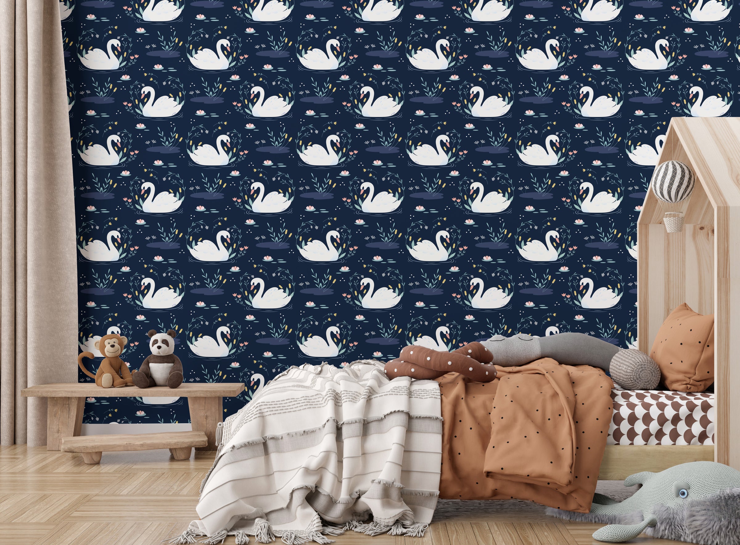Vintage swan motif with deep navy florals for luxury children bedroom interior styling