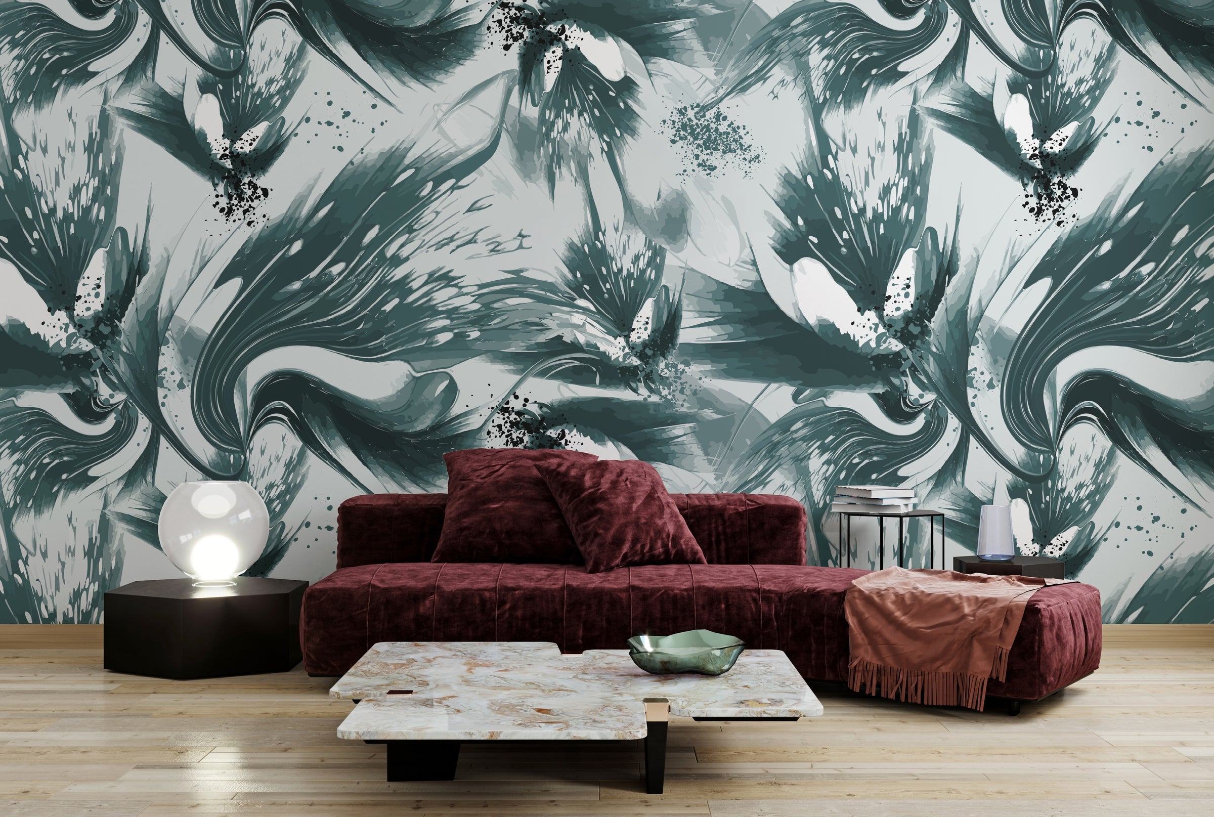 Artistic floral mural with flowing ink textures adding depth to contemporary bedroom walls