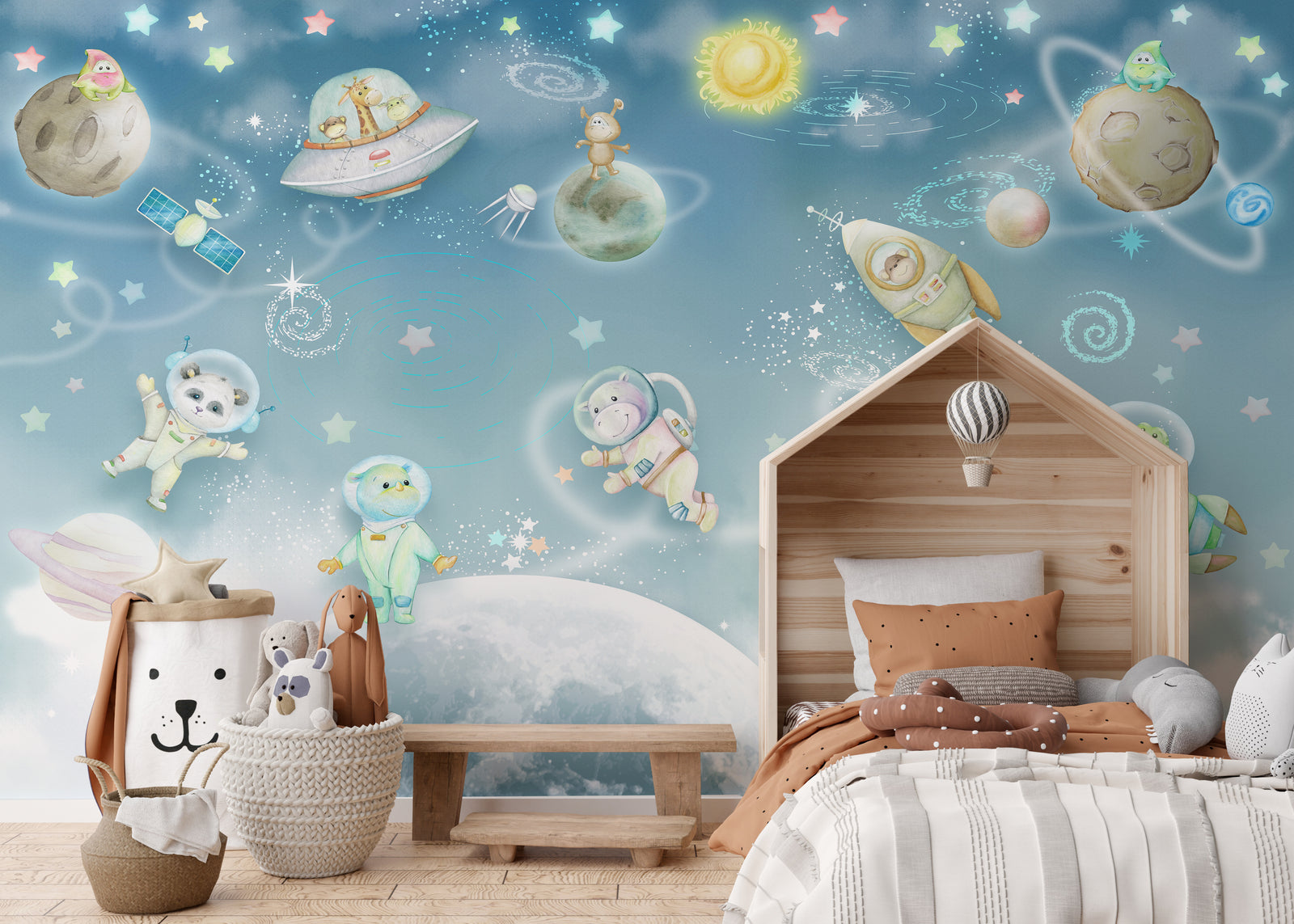 Galaxy Animal Wallpaper | Blue Space Nursery Peel and Stick Wall Mural