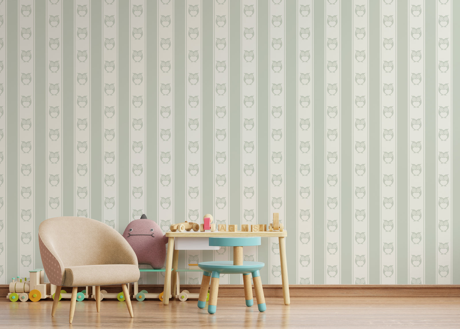 Owl Nursery Peel and Stick Wallpaper | Sage Green Forest Animals – Repeat Pattern
