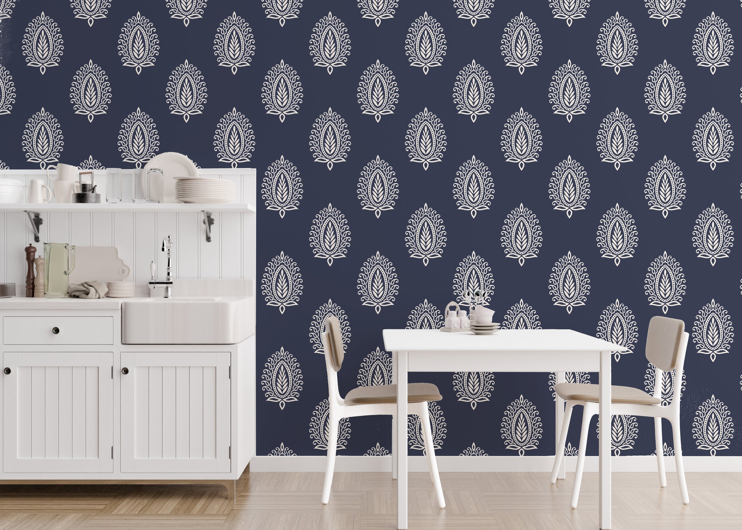Decorative paisley wallpaper rich navy pattern adds luxury touch to dining room walls