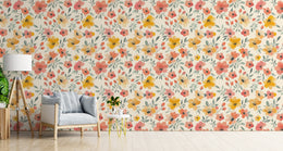 Yellow and Orange Flower Watercolor Pattern Wallpaper For Walls