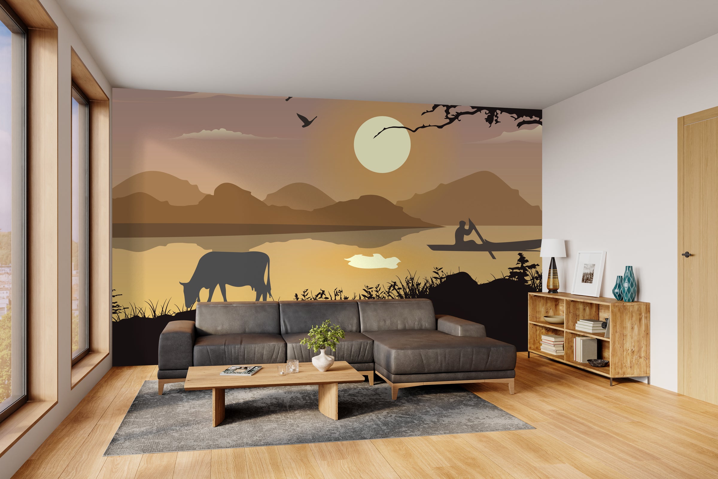 Dramatic sunset mural featuring tree silhouette, warm golden hues, statement bedroom wall decor