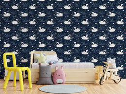 Dark swan pattern with gentle florals creating whimsical nursery room ambiance