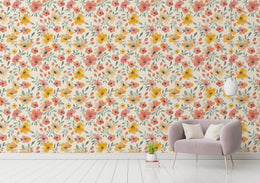 Yellow and Orange Flower Watercolor Pattern Wallpaper For Walls