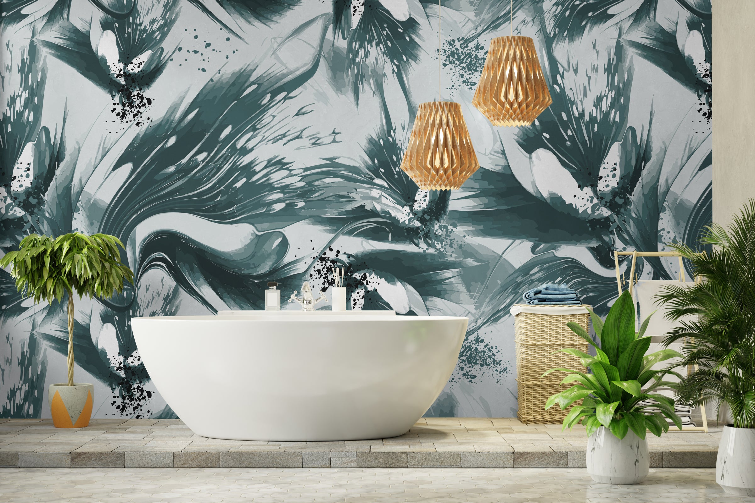 Modern botanical mural with ink splashes creating refreshing and stylish bathroom decor