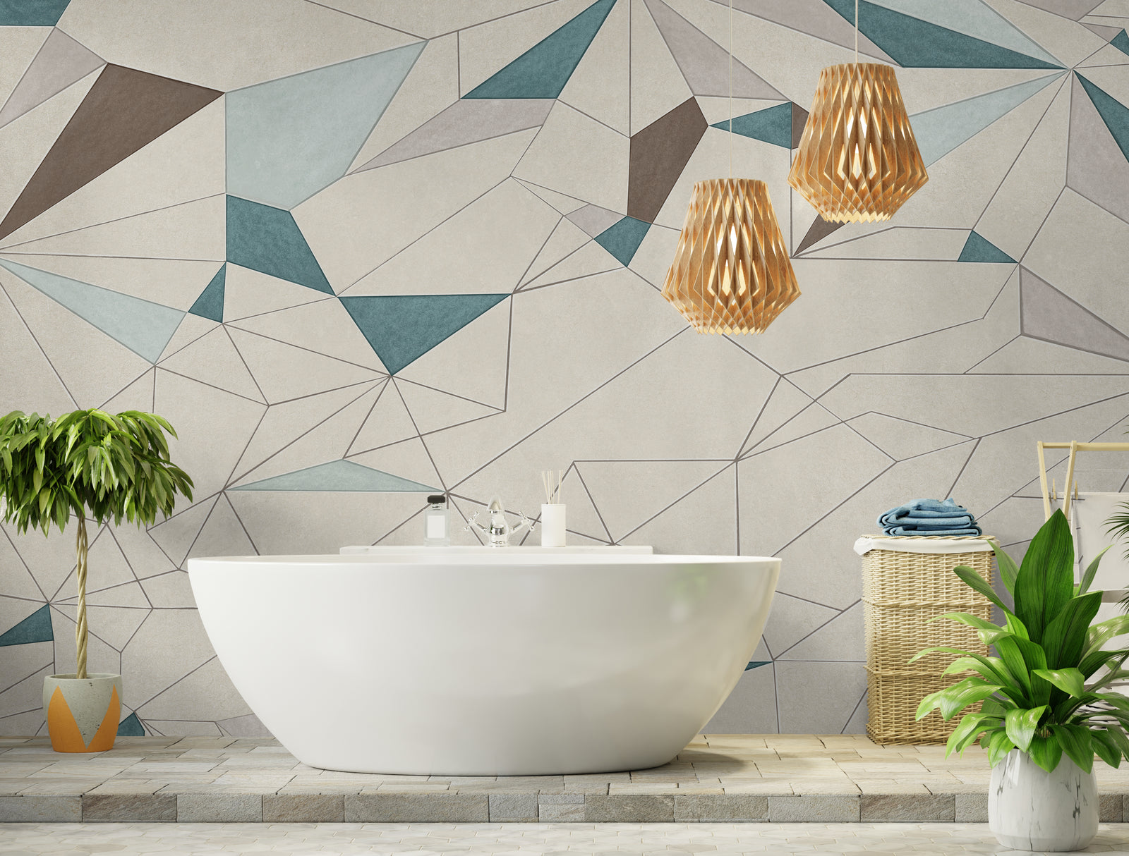 Abstract Geometric Wall Covering | Teal Beige Removable Modern Wallpaper