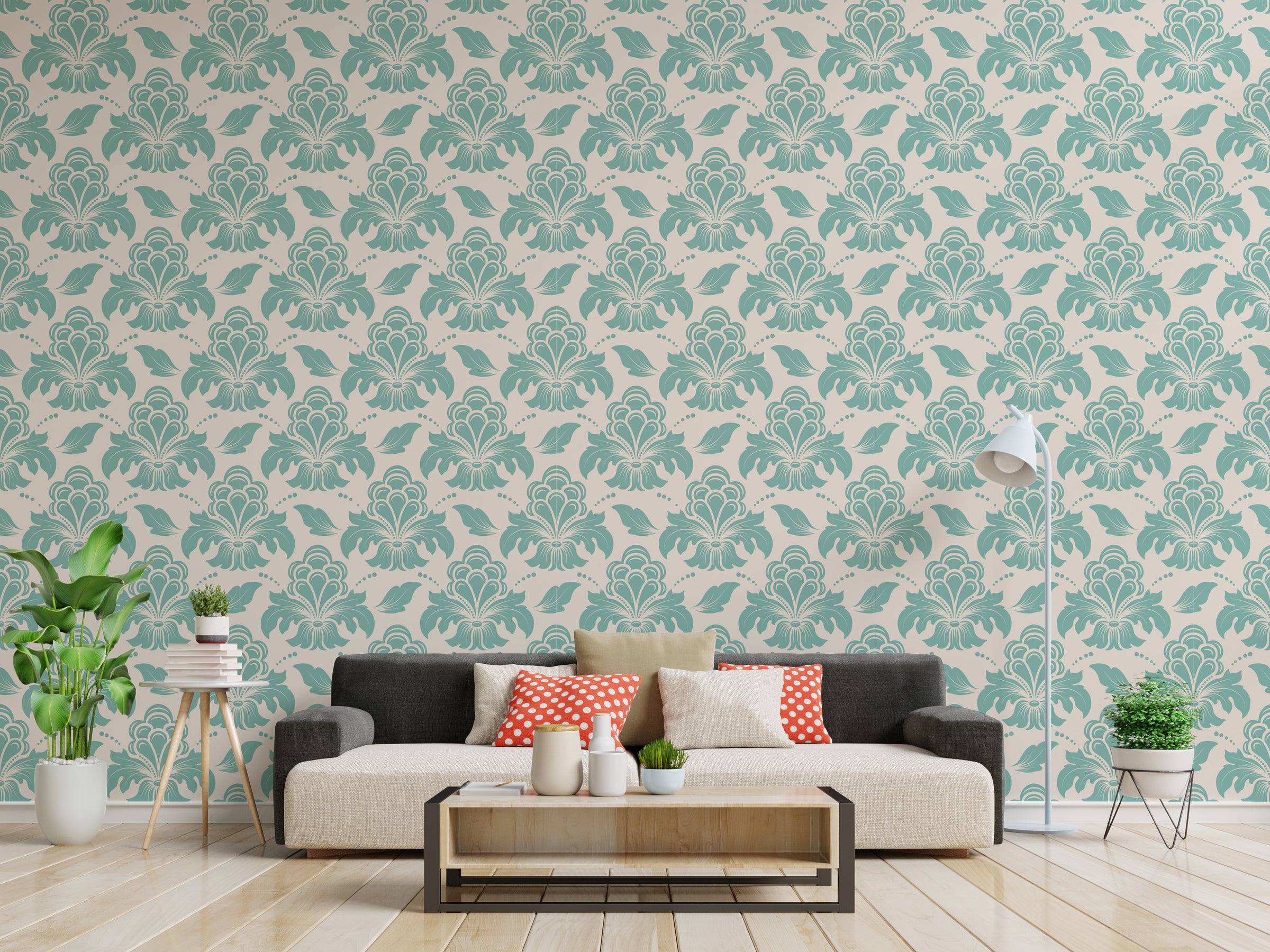 Vintage teal damask wallpaper design for luxury bedroom feature wall interior