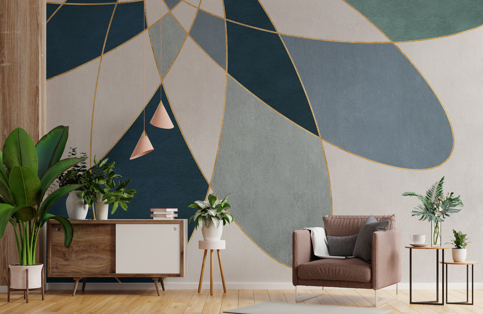 Blue Gold Geometric Wall Mural | Abstract Peel and Stick Wallpaper