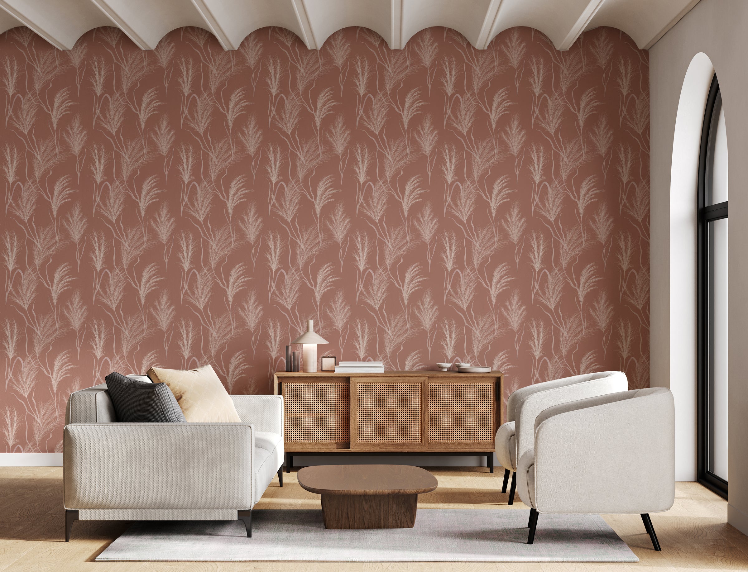 Boho Feather Grass Pink Peel and Stick Wallpaper