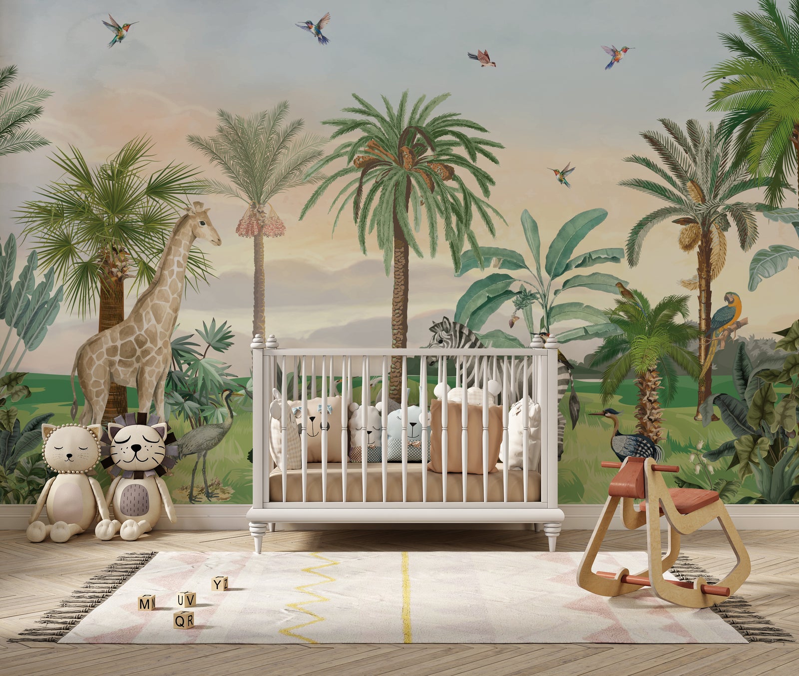 Wildlife jungle wallpaper with elephant, birds, green landscape for kids playroom