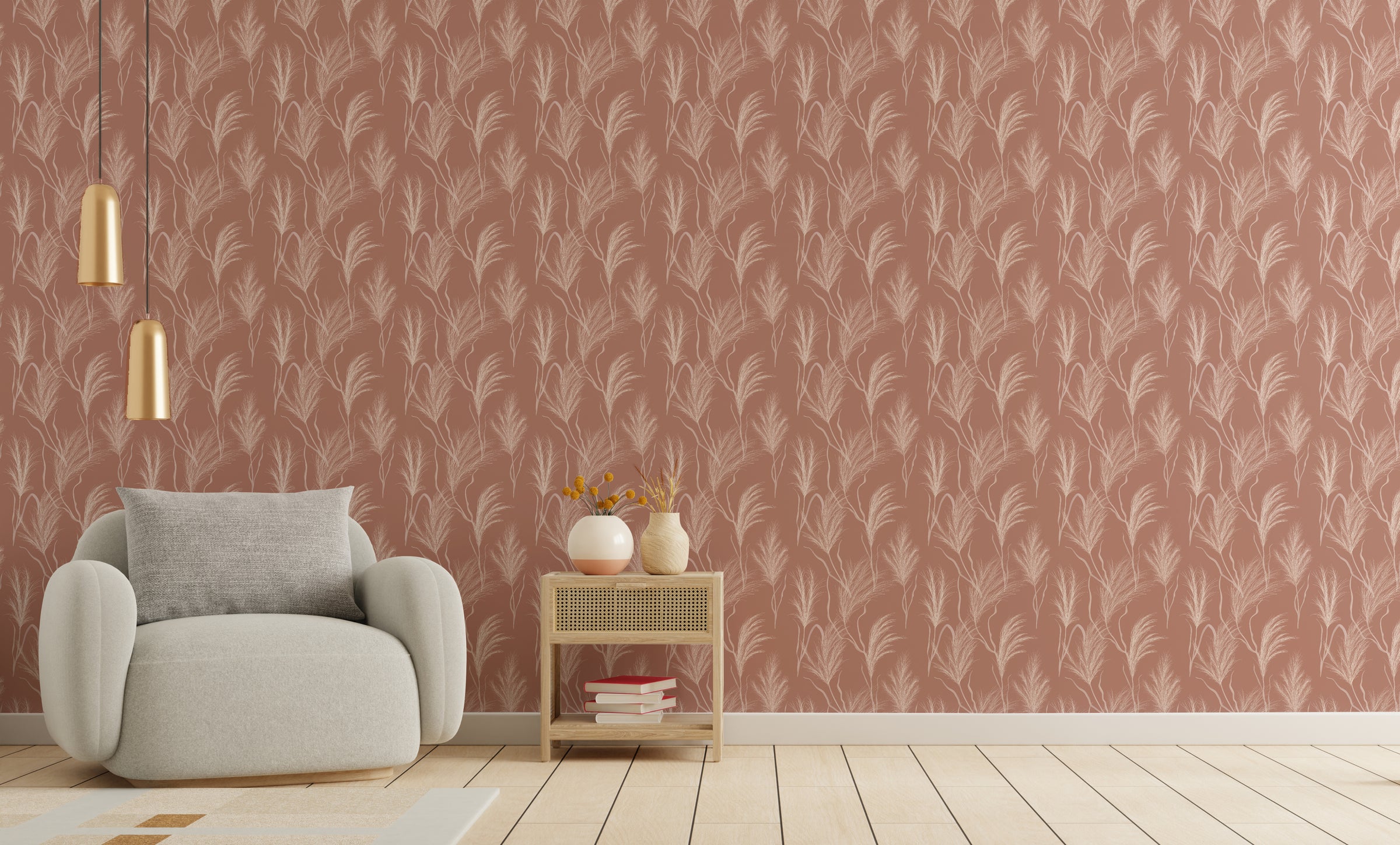 Boho Feather Grass Pink Peel and Stick Wallpaper