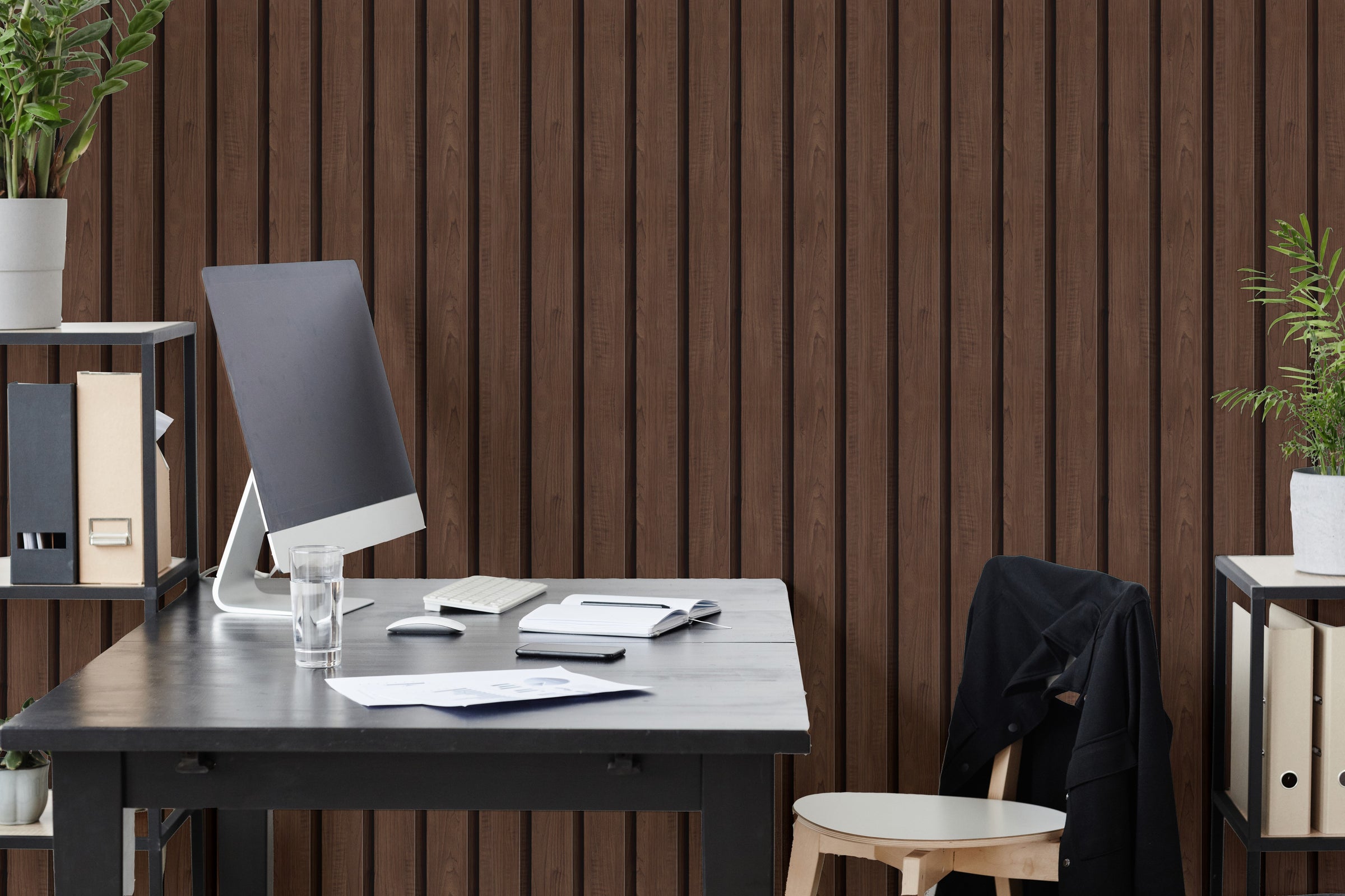 Decorative wood slat wallpaper for elegant study room wall in modern interiors