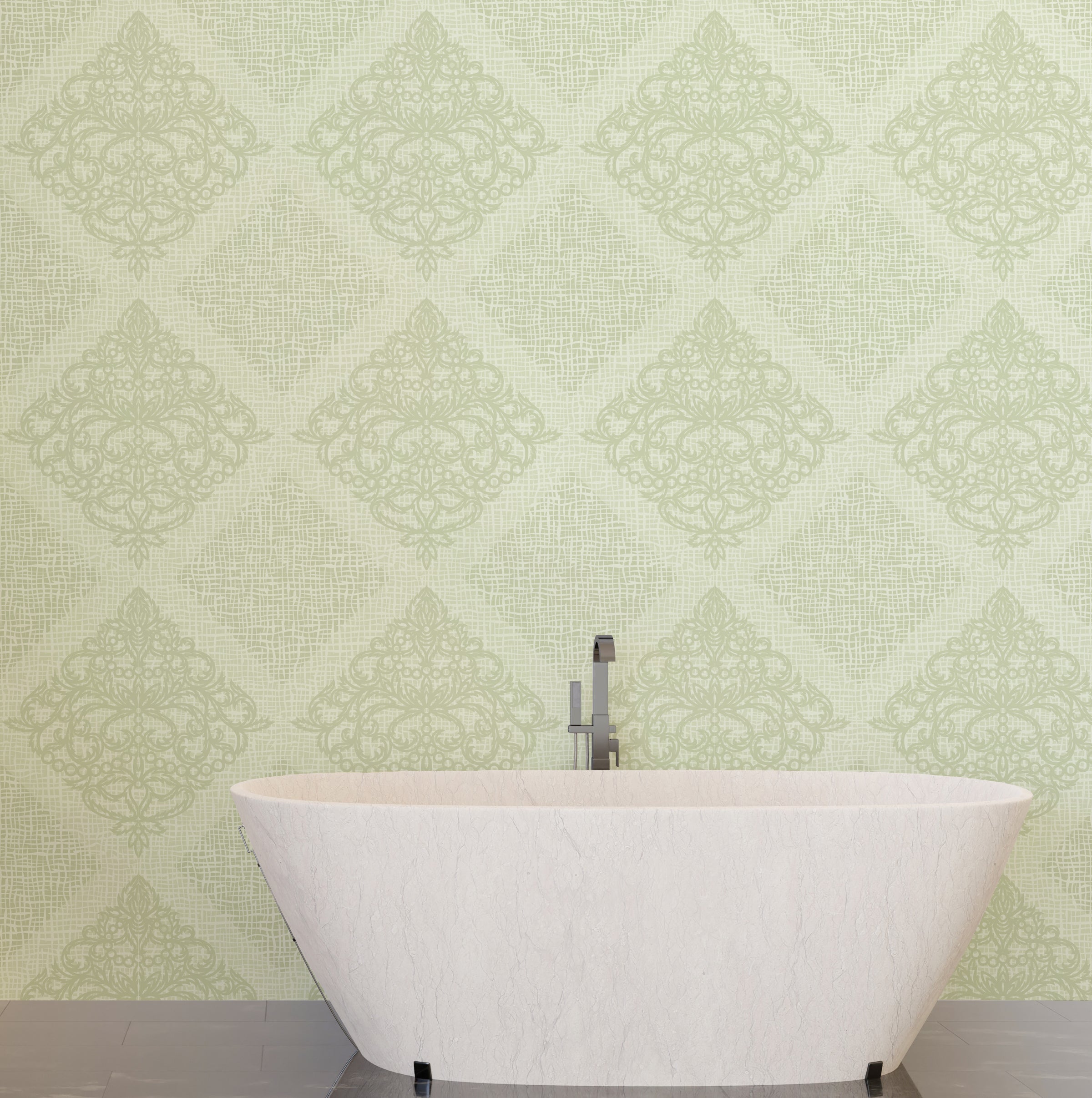 Stylish green wall mural with damask design for modern apartment bathroom interior decor
