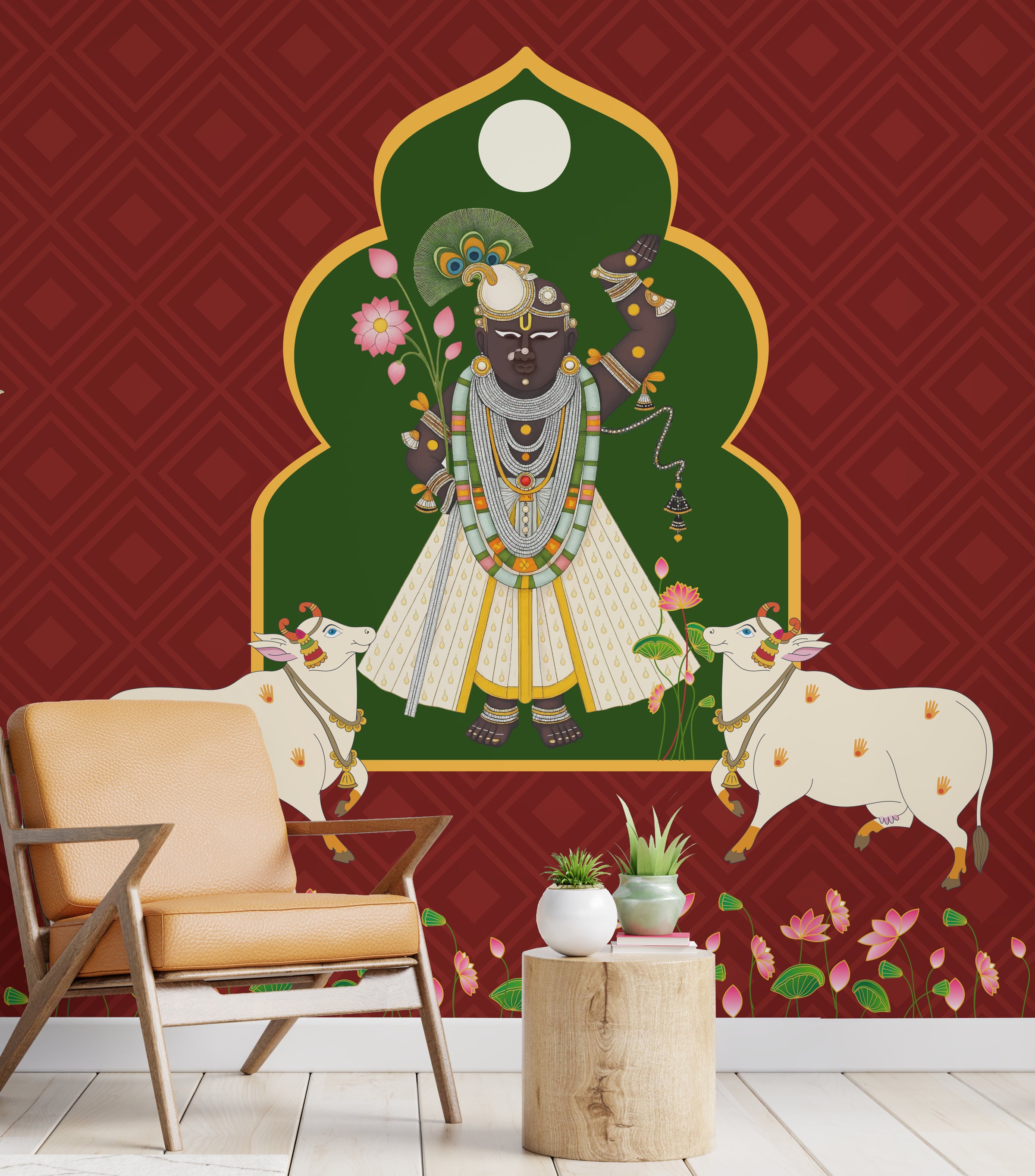Traditional Krishna mural with ornate jewelry details, green arch, rich red background, bedroom accent wall