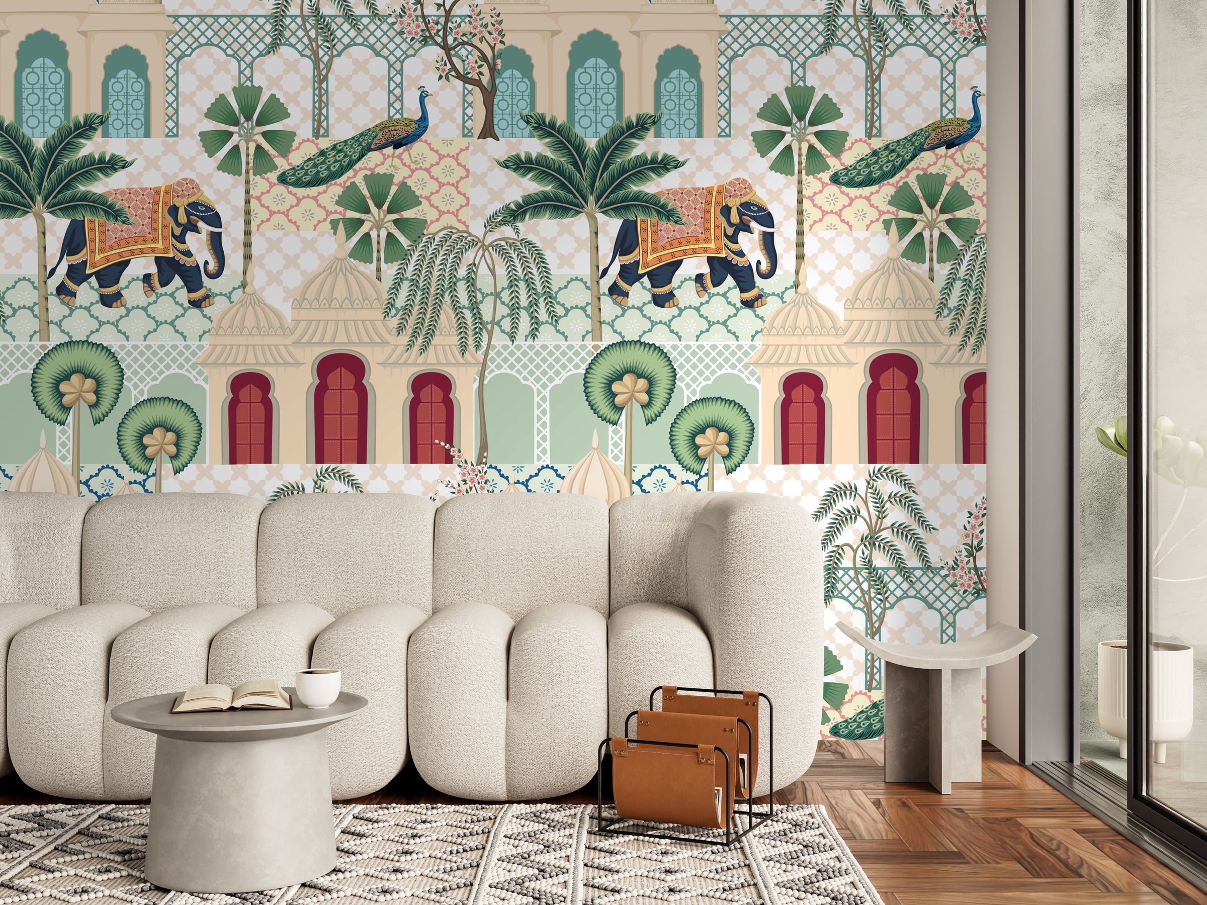 Indian palace animal mural with elephants, peacocks, pastel tones, luxury living room decor