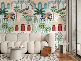 Indian palace animal mural with elephants, peacocks, pastel tones, luxury living room decor