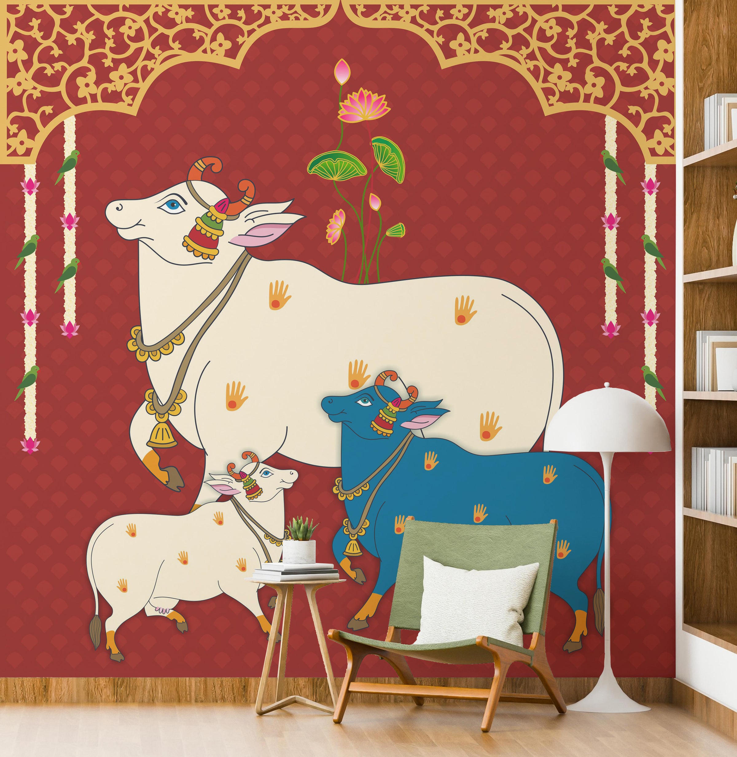 Red Pichwai style artwork with sacred cows for boutique or studio interior wall