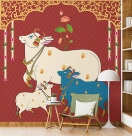 Red Pichwai style artwork with sacred cows for boutique or studio interior wall