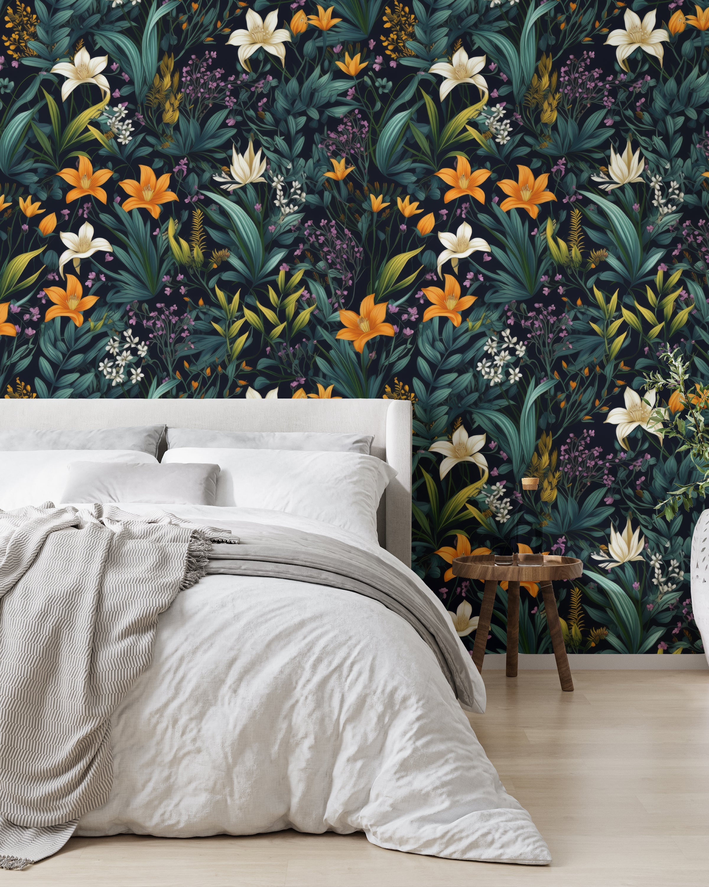 Elegant botanical pattern with tropical foliage and lilies creating a calm bedroom atmosphere