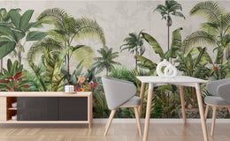 Green botanical jungle wallpaper adding fresh natural vibe to contemporary dining area walls