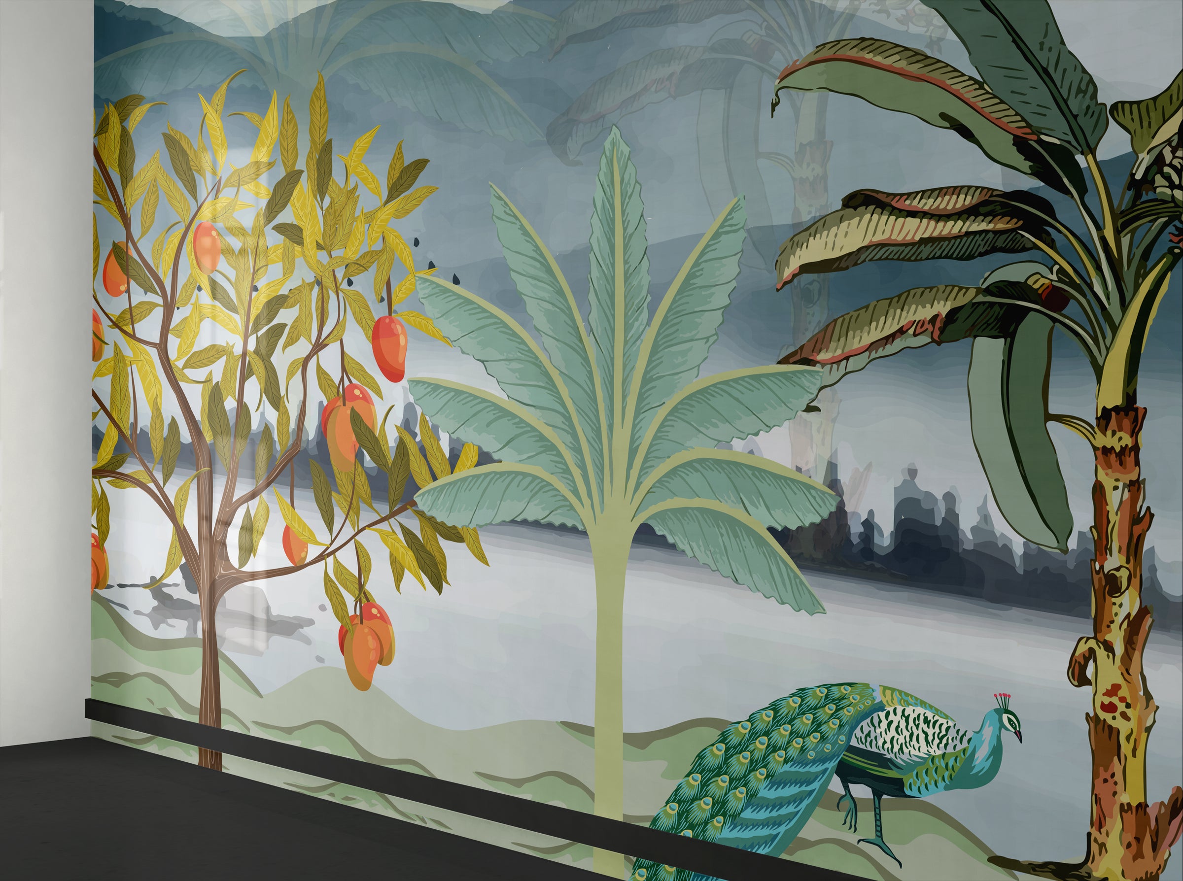 Artistic botanical mural with mango fruits and leafy branches for bedroom decor wall