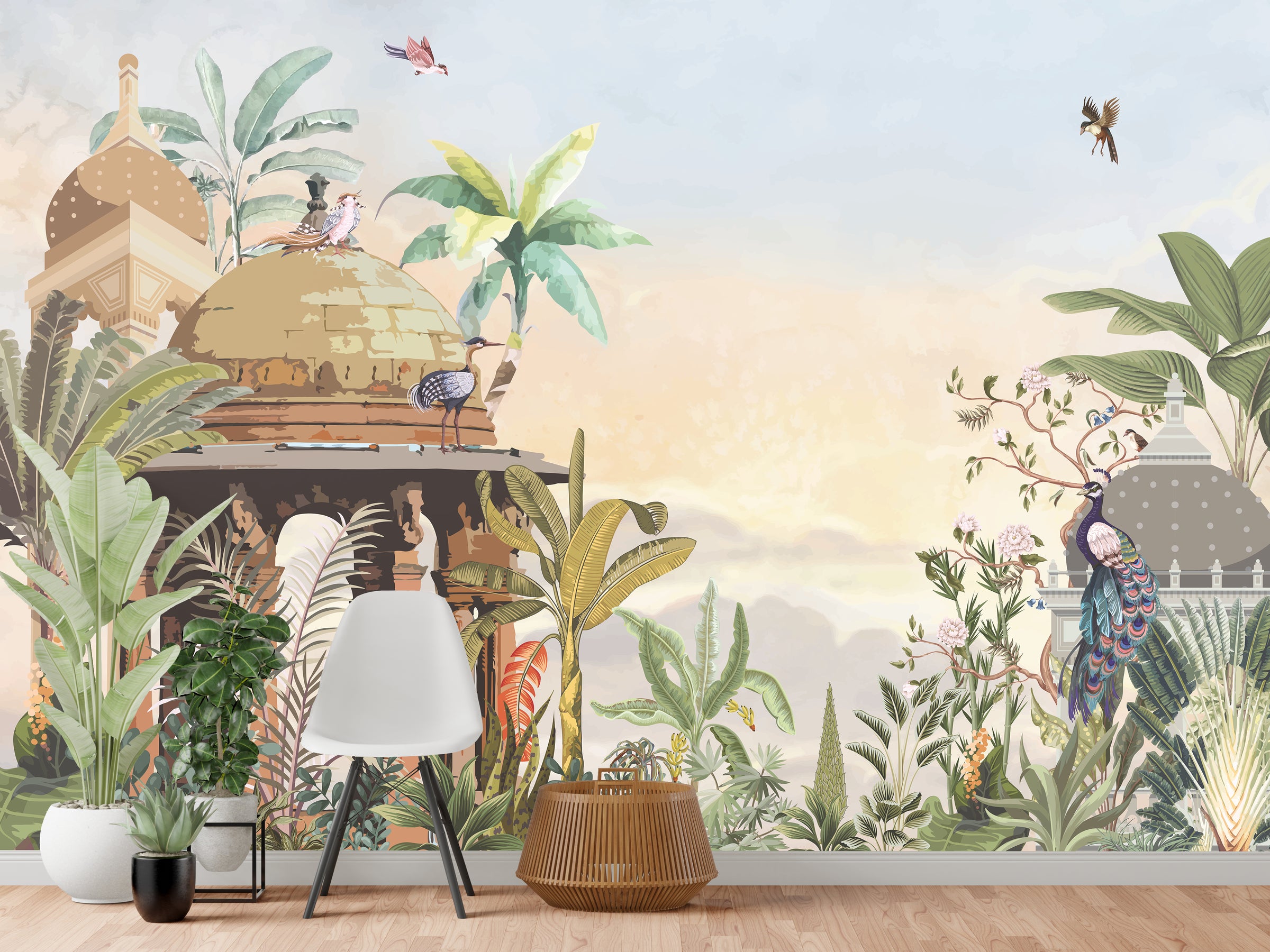 Removable Peacock Wallpaper | Tropical Botanical Garden Mural Decor