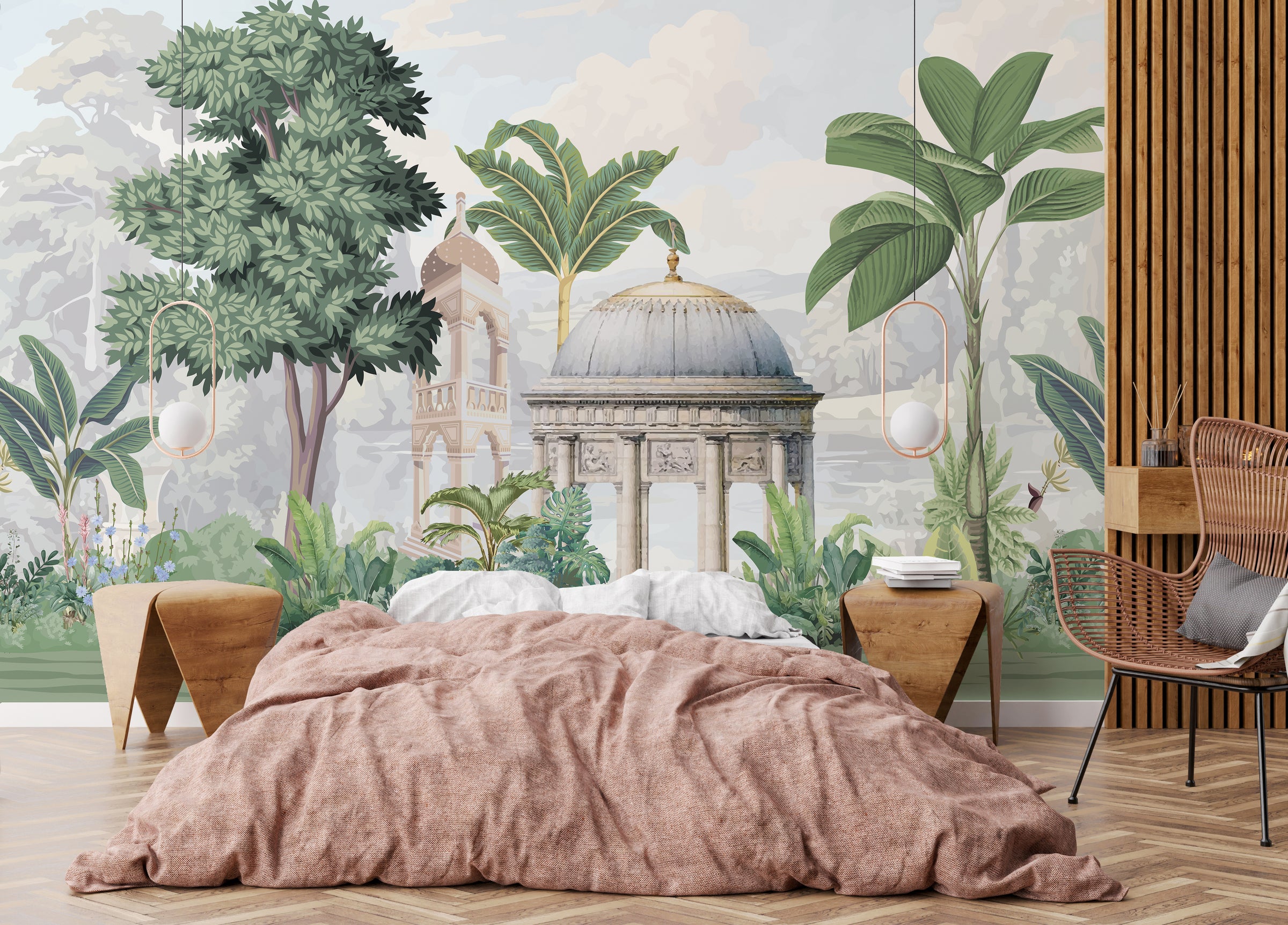 Elegant garden palace wallpaper featuring domed architecture and green foliage bedroom accent wall