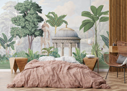 Elegant garden palace wallpaper featuring domed architecture and green foliage bedroom accent wall