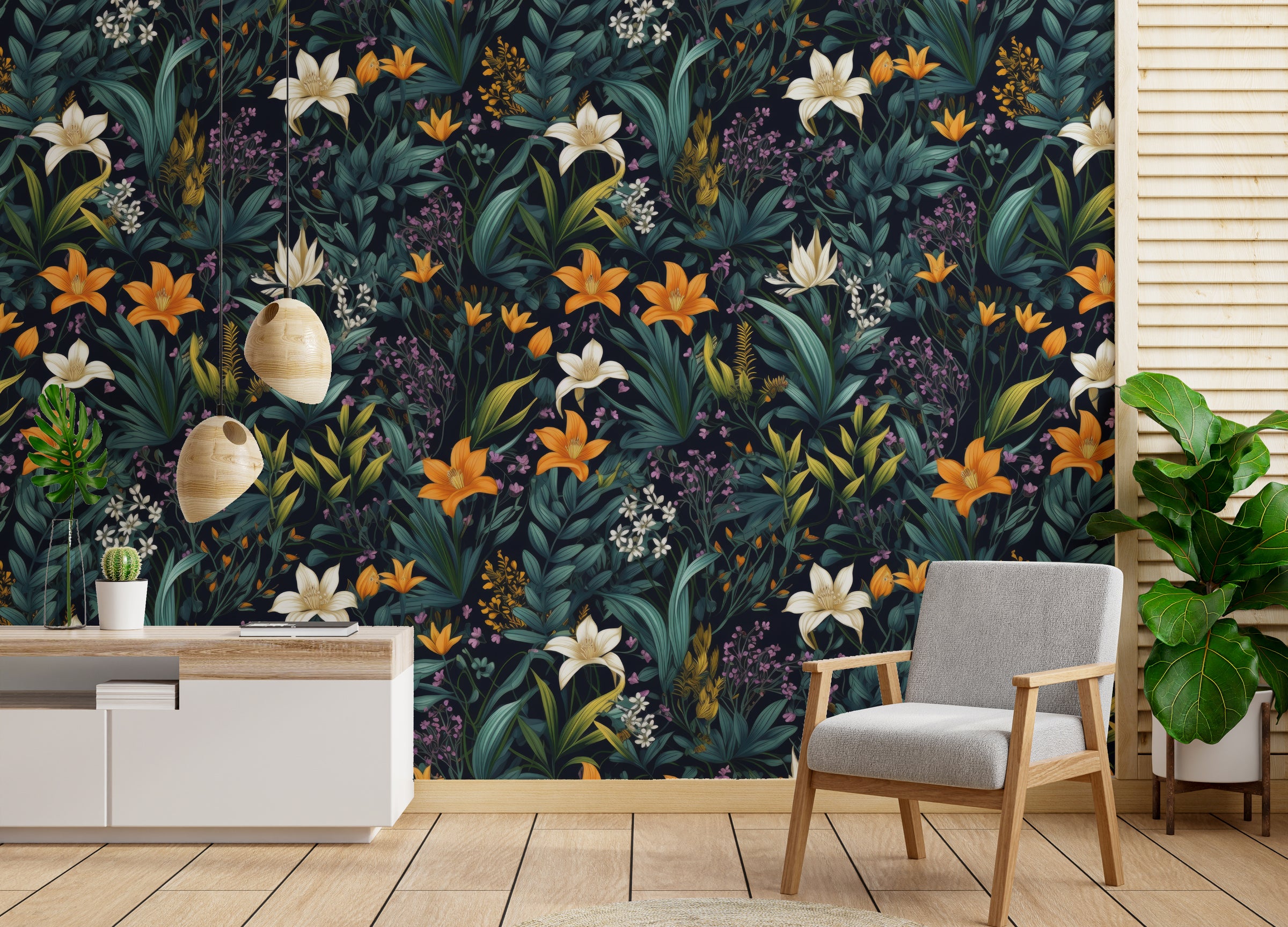 Dark tropical floral design with lilies and lush green leaves for elegant living room interiors