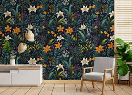 Dark tropical floral design with lilies and lush green leaves for elegant living room interiors