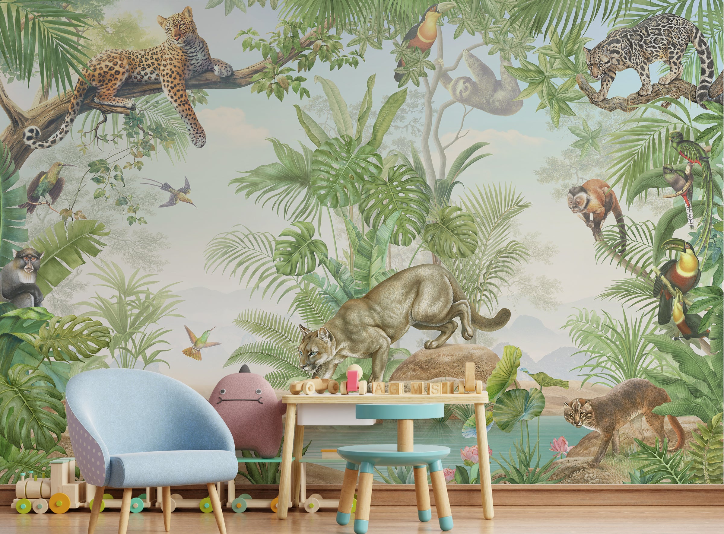 Cozy nursery wall decor featuring jungle safari animals with gentle wildlife and leafy textures in muted tones, ideal for calming baby spaces