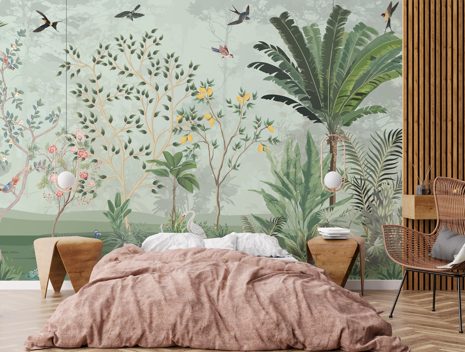 Designer botanical wall covering with tropical leaves and birds for luxury bedroom styling