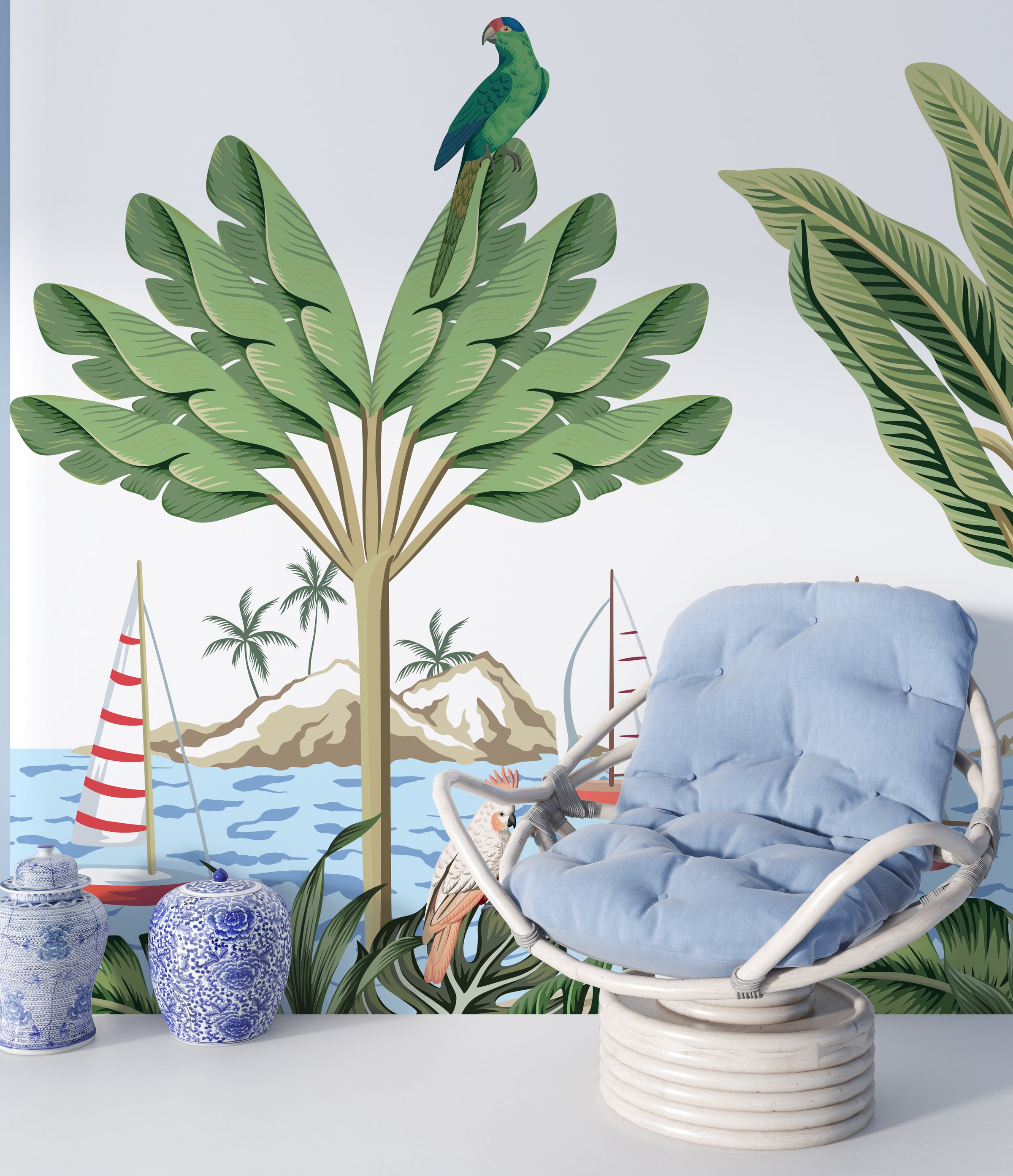 Coastal tropical mural featuring banana leaves and ocean vibe living room space