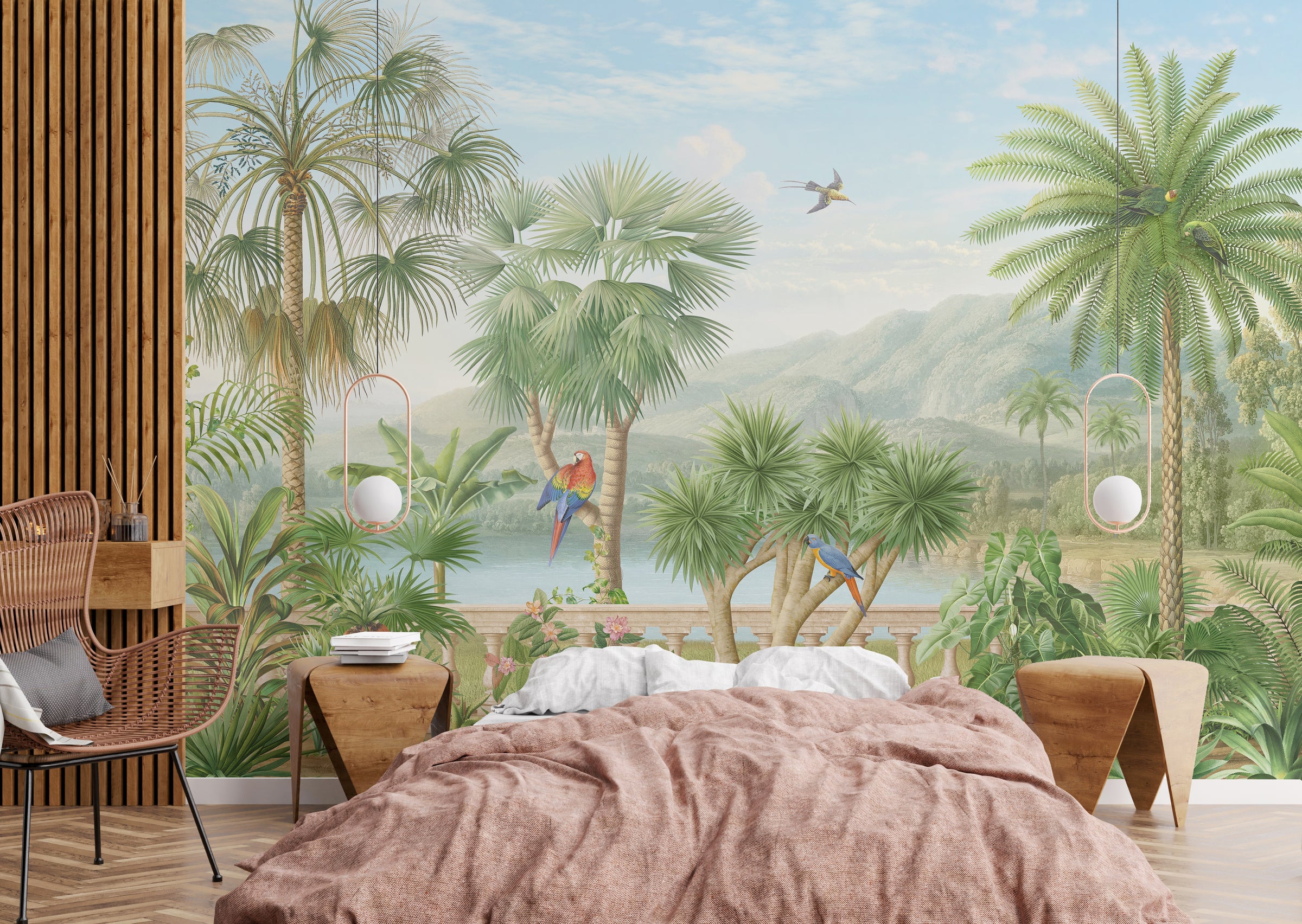Lush island garden mural transforming guest room interior décor with colorful tropical birds, botanical leaves and tranquil water horizon.