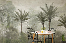 Soft Botanical Palm Tree Wallpaper Highlighting Dining Room with Elegant Tropical Style