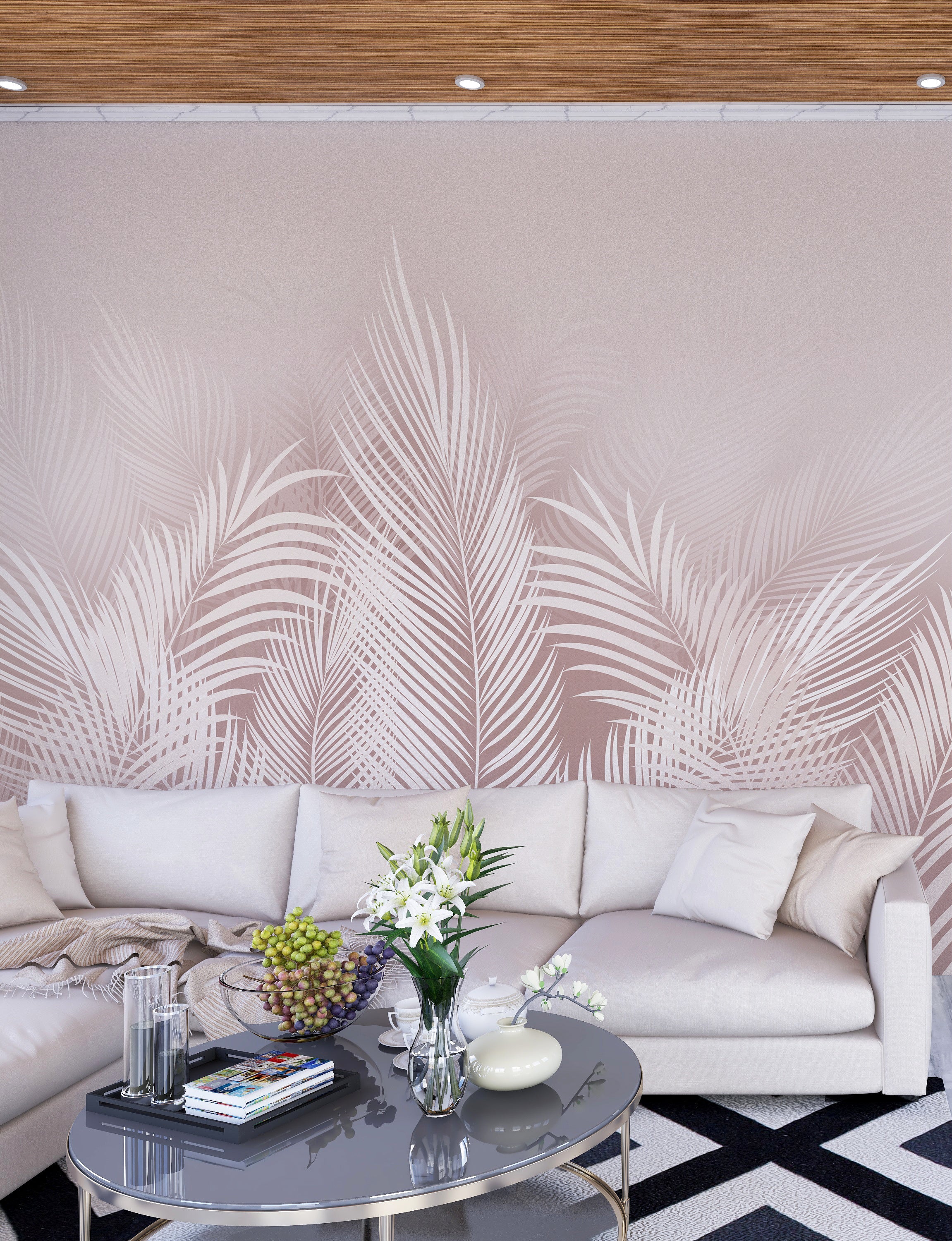 Elegant blush tropical leaf mural bringing calming botanical atmosphere to reading room space