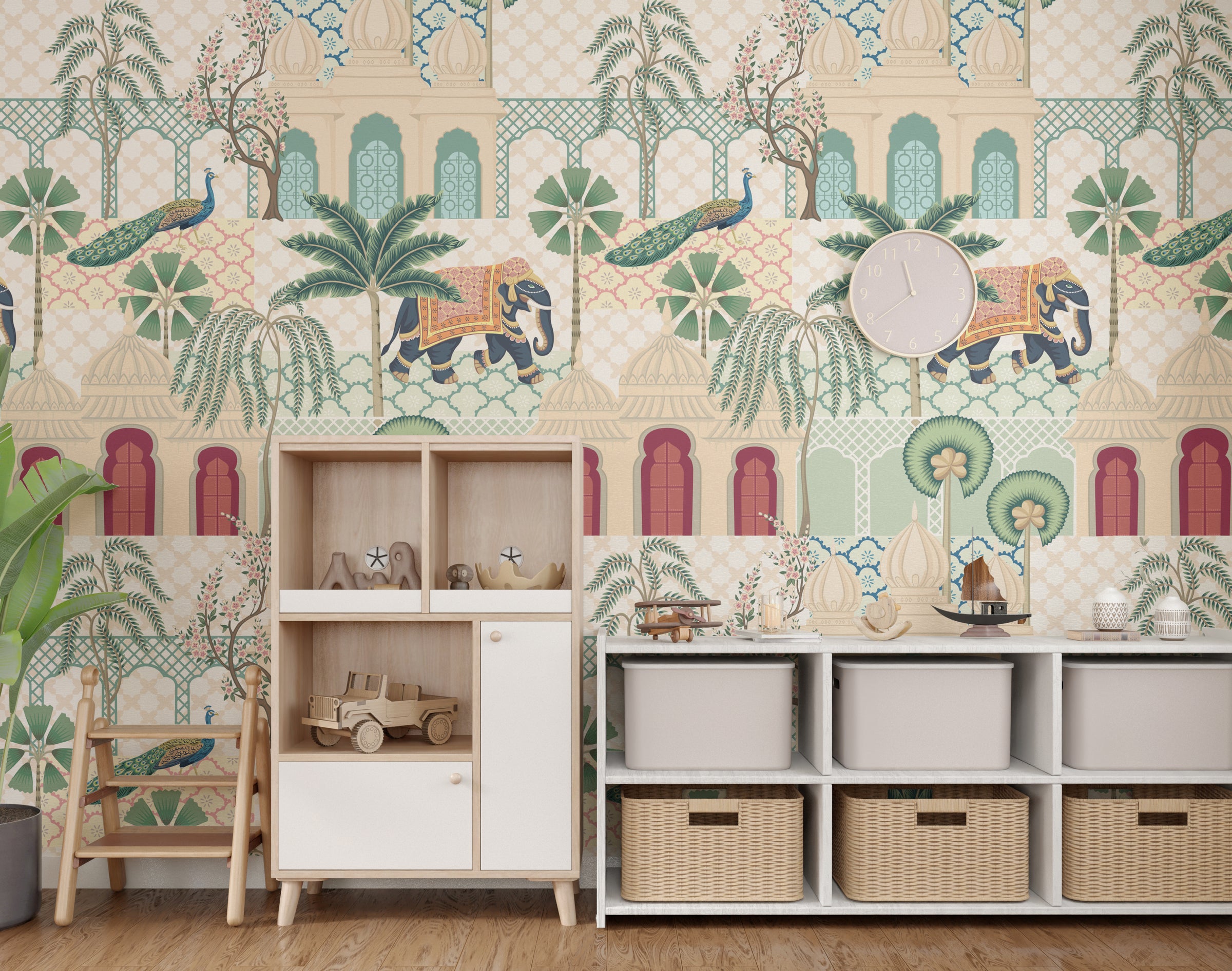Cultural elephant peacock mural with intricate patterns, green hues, modern office feature wall