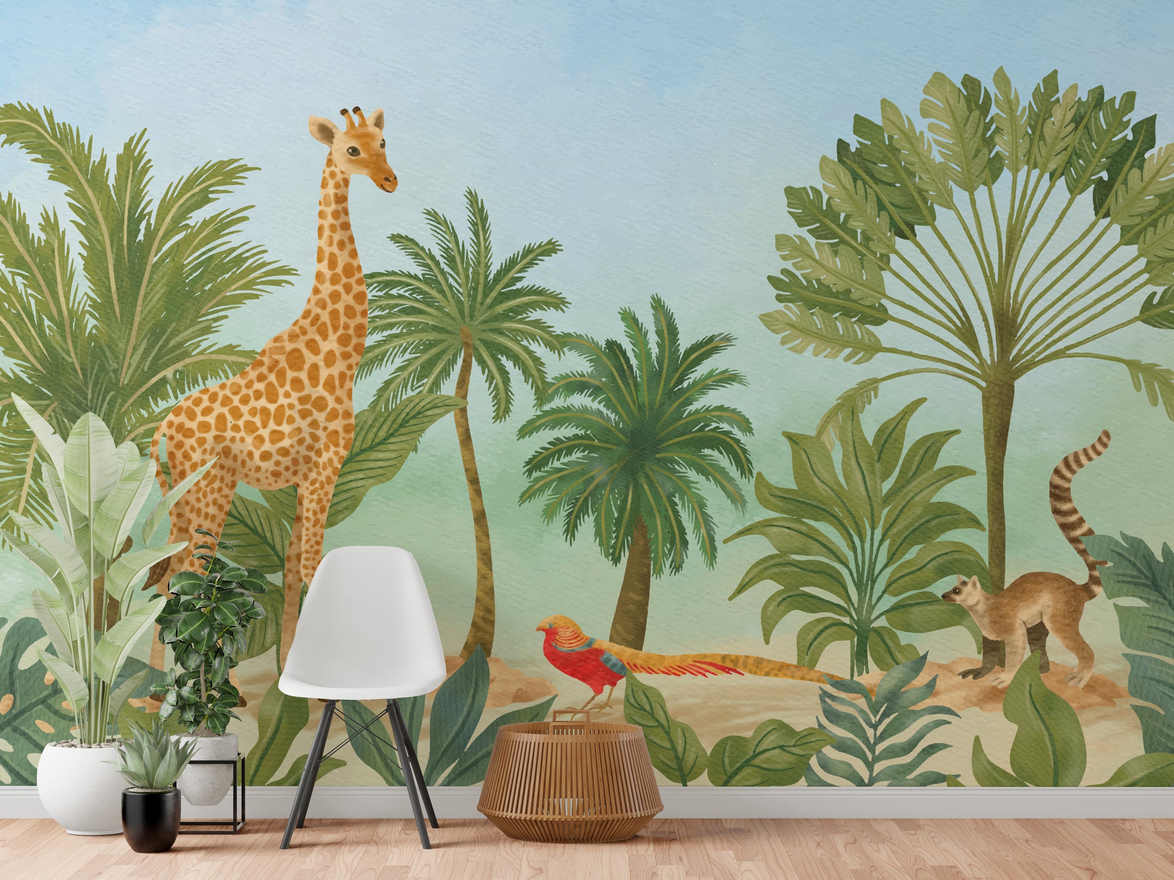 Jungle theme wallpaper with animals, lush greenery, pastel shades for playroom wall decor