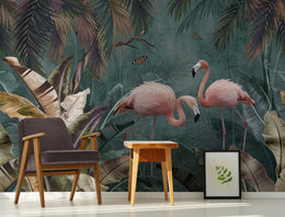 Pink Flamingo Tropical Peel and Stick Wallpaper | Teal Green Jungle Wallpaper