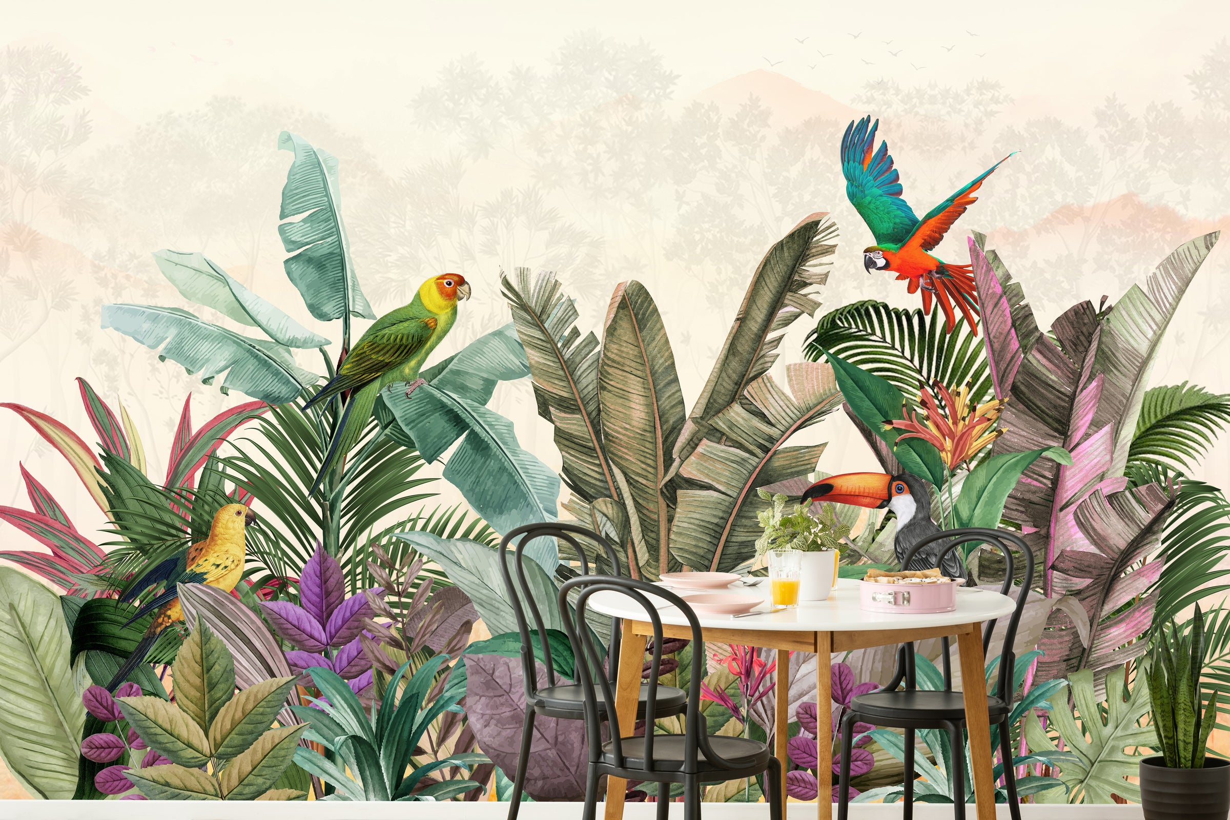 Vibrant jungle bird illustration wallpaper with exotic leaf for modern dining space decor