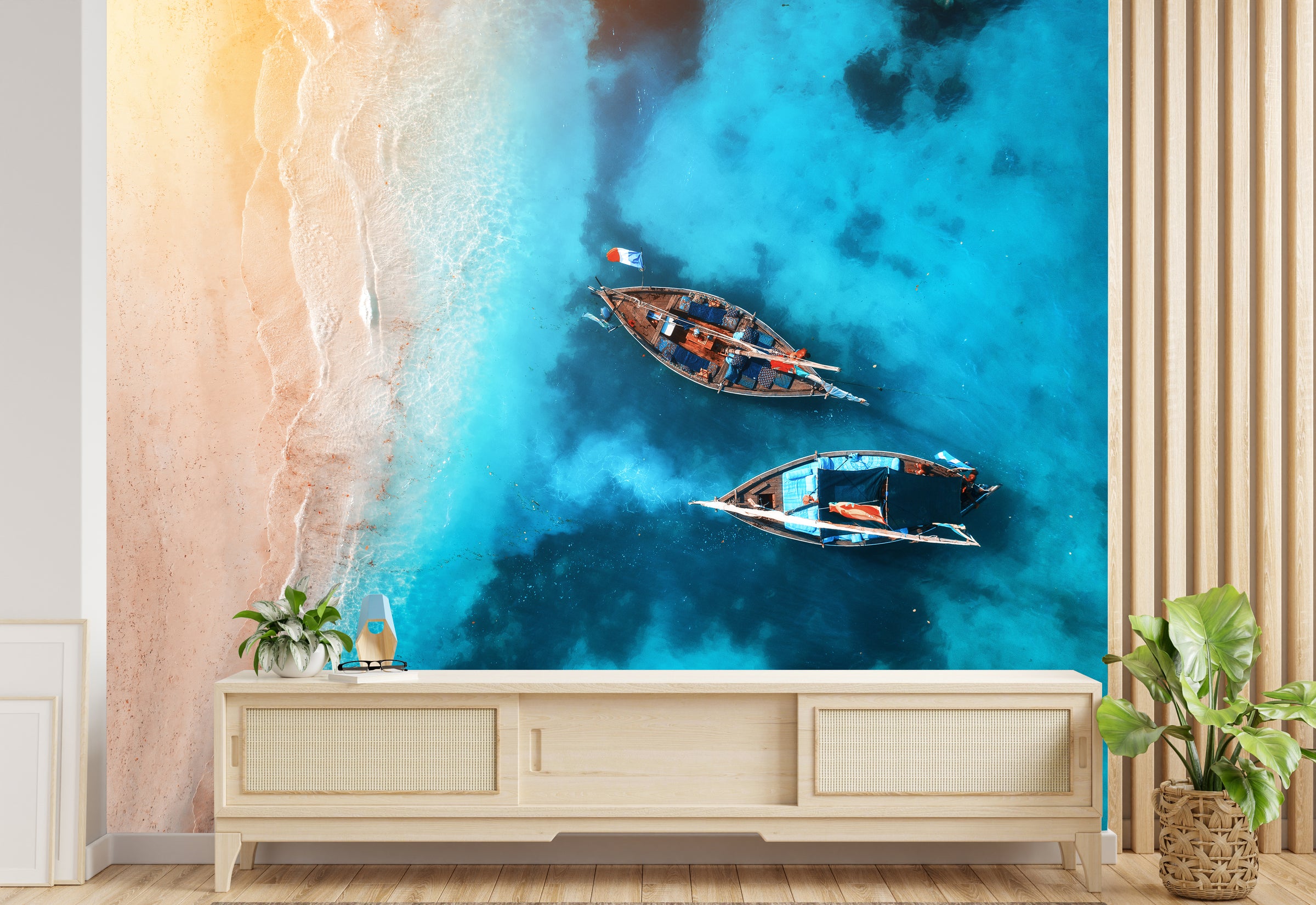 Turquoise beach ocean wall wallpaper transforming bedroom bathroom with relaxing coastal vacation mood